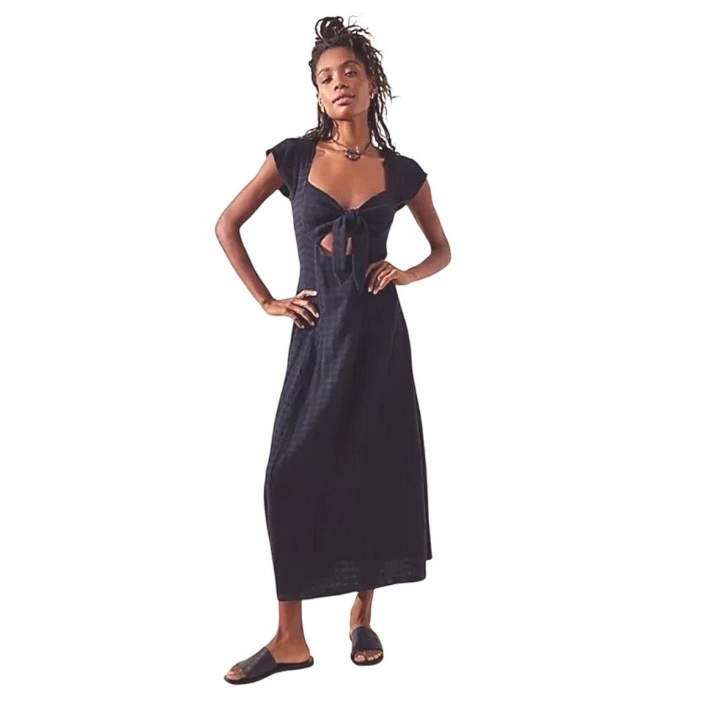 Free People Nalani Tie Front Boho Black Midi Dress Smocked Cutout L NWOT